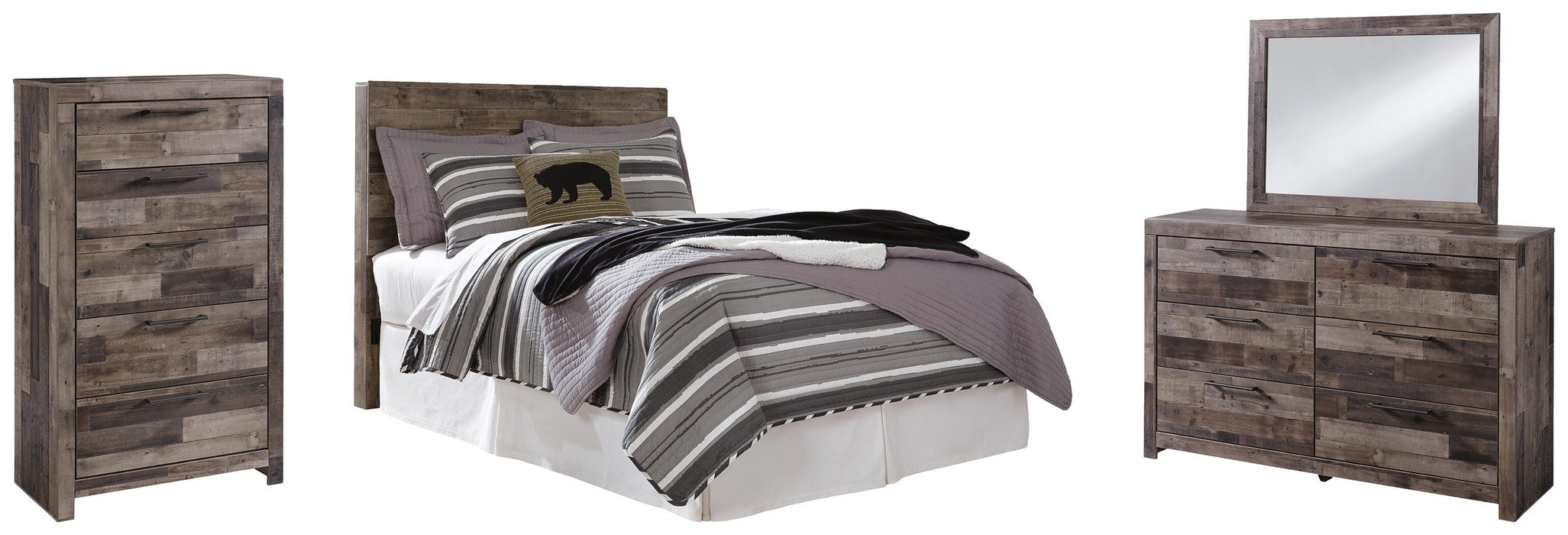 Derekson Multi Gray Derekson Full Panel Headboard Bed with Mirrored Dresser and Chest