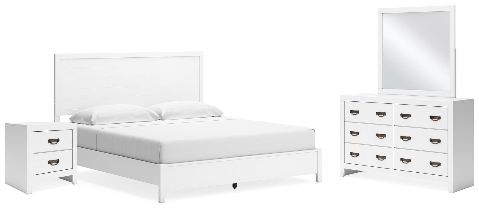 Binterglen White Binterglen King Panel Bed with Mirrored Dresser and Nightstand - Brand New