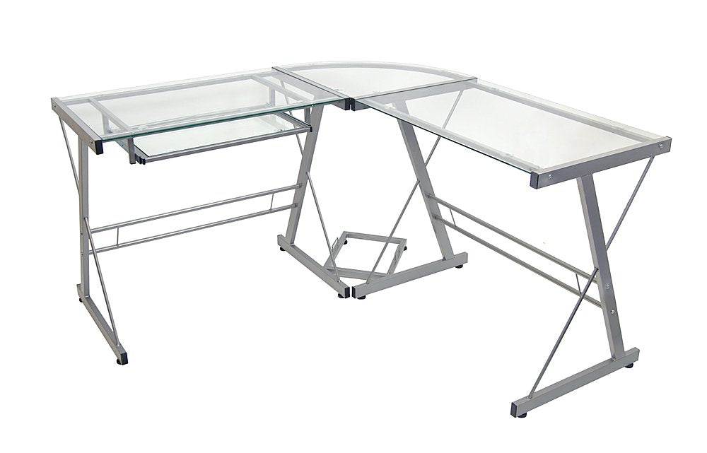 Walker Edison - 52" L-Shaped Modern Glass Corner Computer Desk - Silver - new