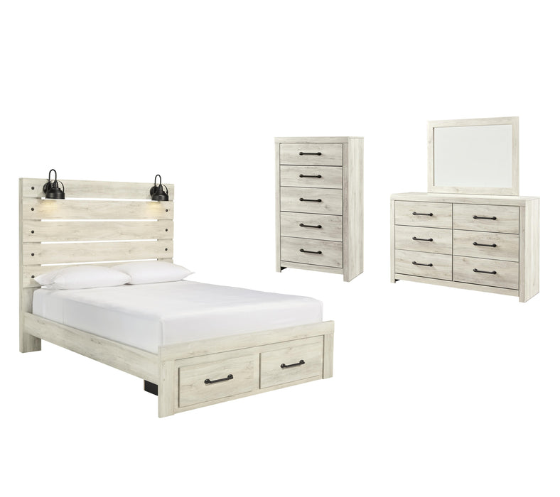 Cambeck Whitewash Cambeck Queen Panel Bed with 2 Storage Drawers with Mirrored Dresser and Chest