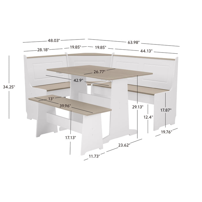 Linon Ardmore Indoor Farmhouse Corner Dining Breakfast Nook with Table and Storage, Seats 5, White/Gray - new
