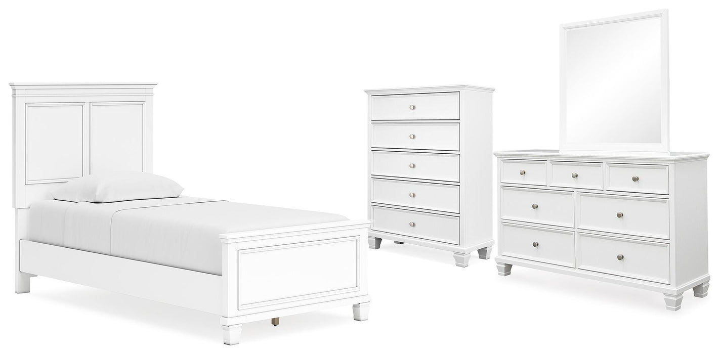 Fortman White Fortman Twin Panel Bed with Mirrored Dresser and Chest - Brand New