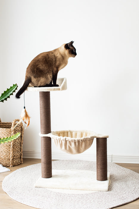 Catry 28" Beige 3-Level Cat Tree with Hammock Scratching Post Tower with Plush Perch Indoor Play House - open_box