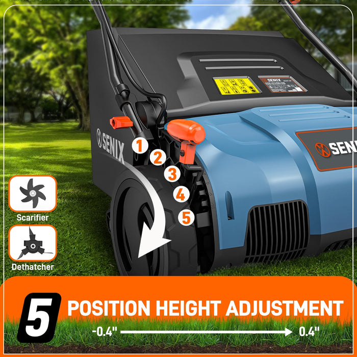 SENIX Corded Dethatcher/Scarifier 2 in 1, 15" 13Amp, 5-Position Adjustment with Collection Bag, SCE13-M - new