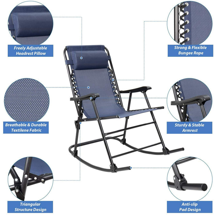 Zero Gravity Rocking Chair with Headrest Pillow Folding Recliner Foldable Lounge Chair, Blue - new