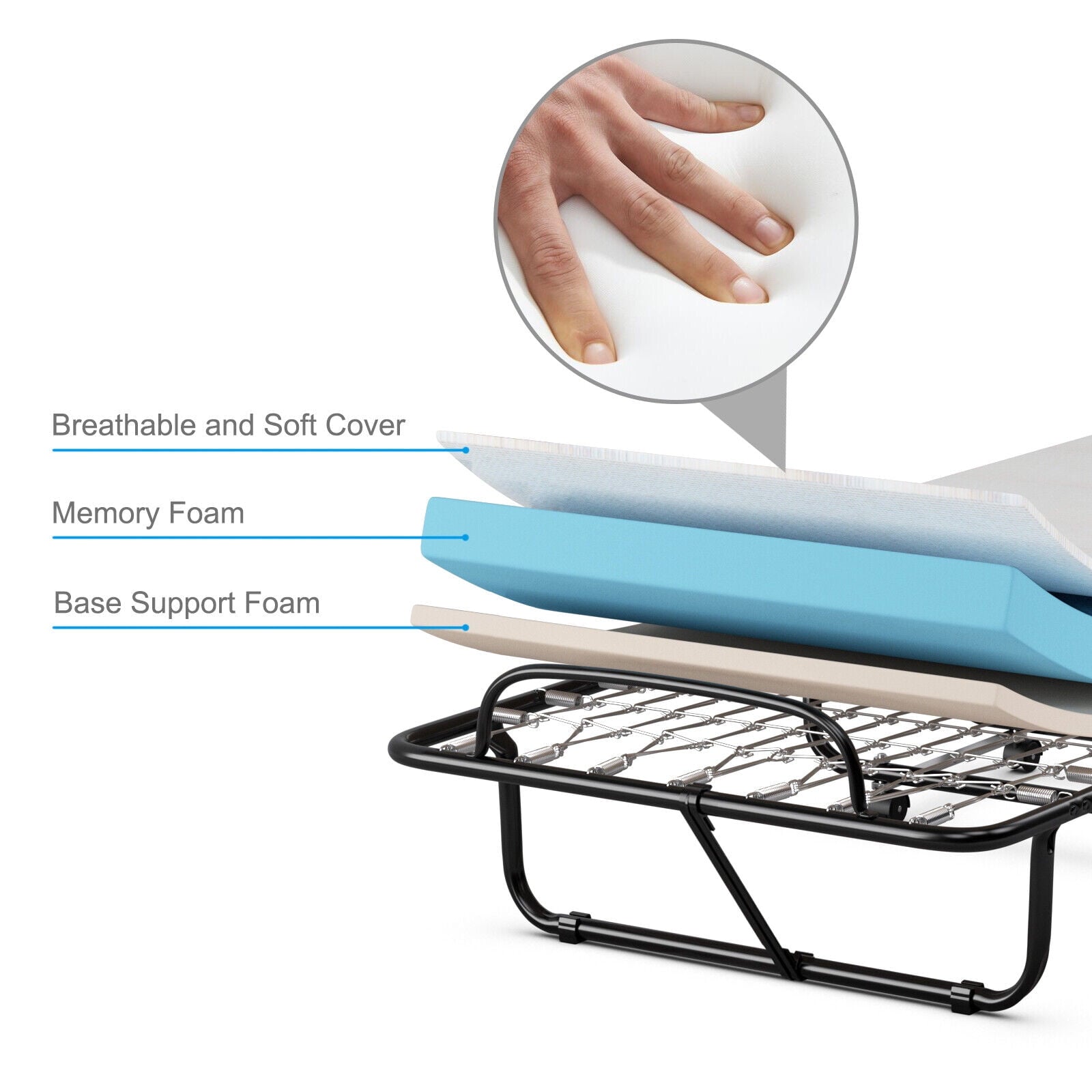 Gymax Rollaway Folding Metal Bed Memory Foam Mattress Cot Guest Made in Italy - open_box