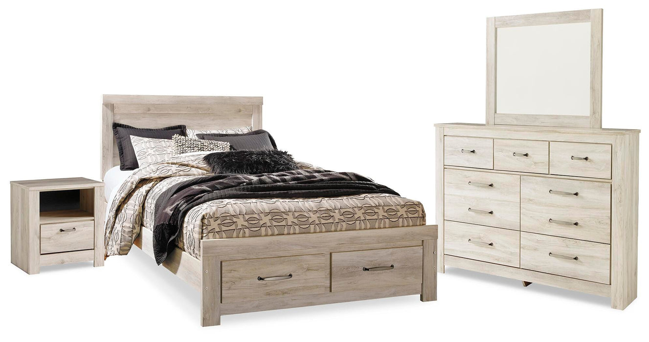 Bellaby Whitewash Bellaby Queen Platform Bed with 2 Storage Drawers with Mirrored Dresser and Nightstand - Brand New