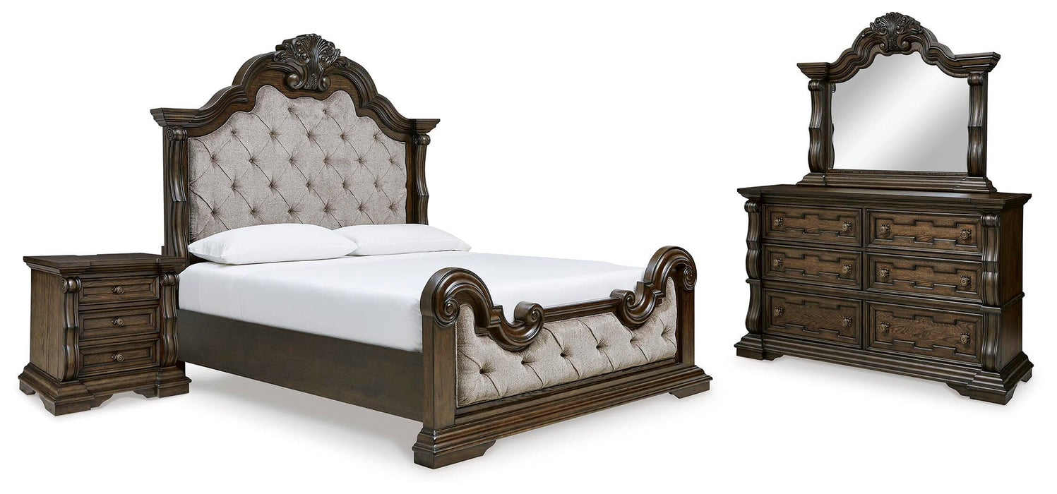 Maylee Dark Brown Maylee Queen Upholstered Bed with Mirrored Dresser and Nightstand - Brand New