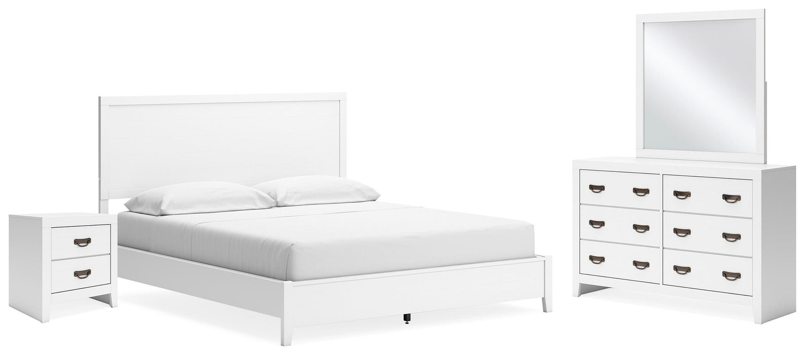 Binterglen White Binterglen California King Panel Bed with Mirrored Dresser and Nightstand
