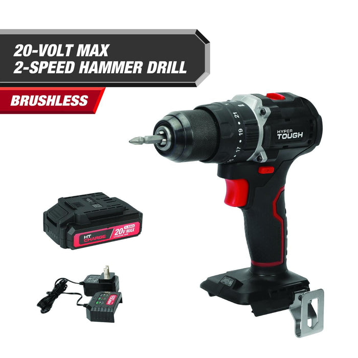 Hyper Tough 20V Max Brushless 2-Speed Cordless Hammer Drill with 1.5Ah Lithium-Ion Battery and Charger - open_box