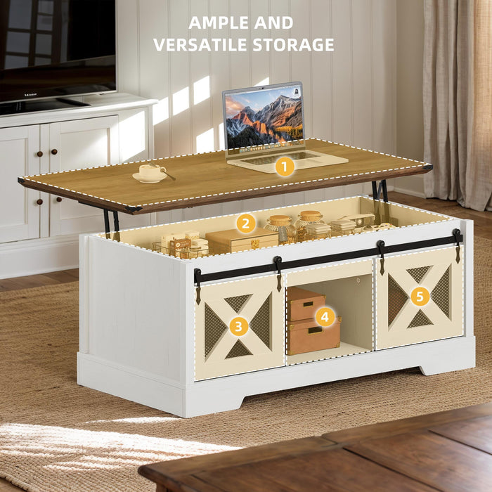 DWVO Farmhouse Lift Top Coffee Table with Storage & Sliding Door, Rustic Center Table for Living Room, White and Brown - open_box