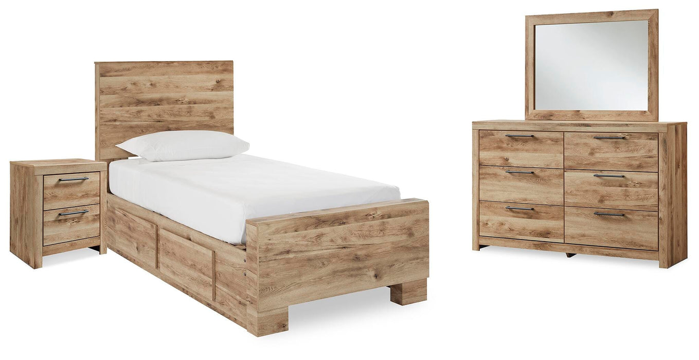 Hyanna Tan Brown Hyanna Twin Panel Bed with 2 Side Storage, Dresser, Mirror and Nightstand - Brand New