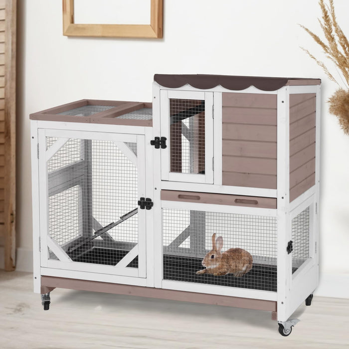 Aivituvin Rabbit Cage Indoor Outdoor Bunny Hutch on Wheels, 2 Story Wood Guinea Pig Cages with 2 Deeper Pull Out Trays - new