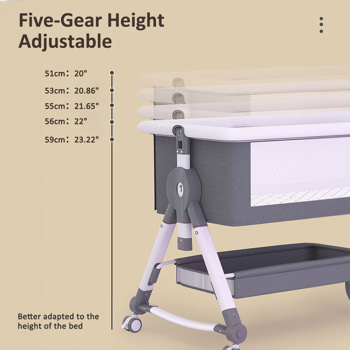 XunKA 4 in 1 Infant Baby Bassinet with Mosquito Net and Storage Rack,Adjustable Height,Gray. - new