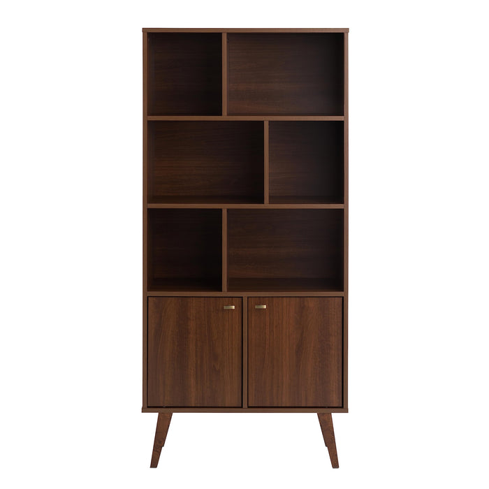 Prepac Milo Mid-Century Modern Bookcase with Six Shelves, Two Doors, and Brushed Brass-Finished Knobs - new
