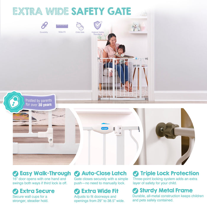 Regalo Extra Wide Walk-Through Baby Gate with Door, 29.5-38.5 in, White, Ages 6-24 Months - open_box