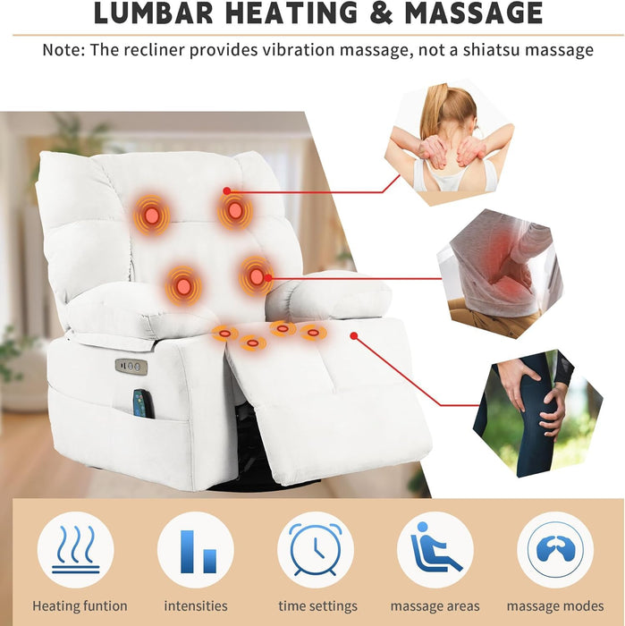 EDWELL White Power Recliner Chair, Swivel Rocking Recliner Chairs for Adults with Massage and Heated, Soft Single Reclining Swivel Sofa with USB, USB-C Ports for Living Room - use_like_new