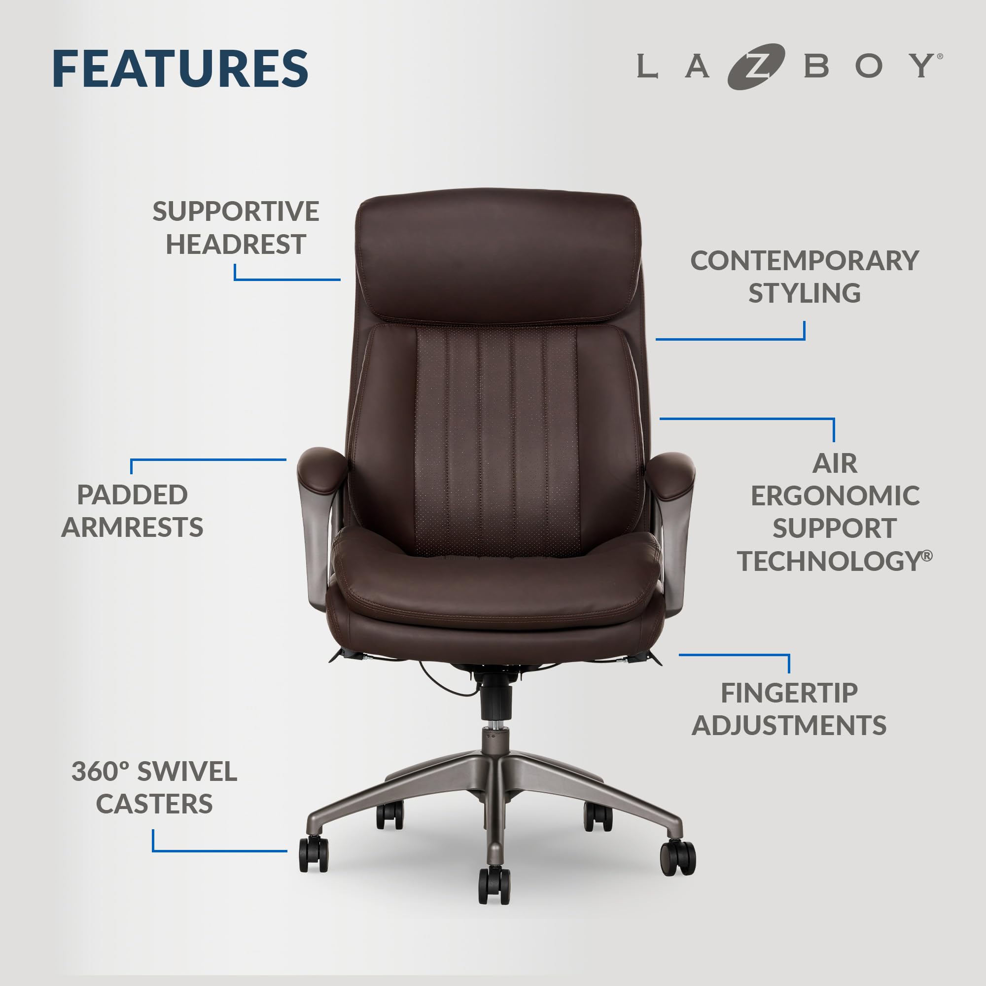 La-Z-Boy Nova Vegan Leather Modern Executive Ergonomic Design Office Chair, Memory Foam Thick Contoured Seat Back with Patented Lumbar Support Technology, Soft to Medium Sit Comfort, Brown - open_box