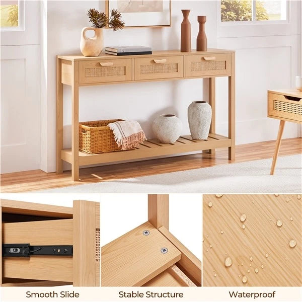 3-drawer Rattan-dotted Console Table with Bottom Shelf Light Brown - new