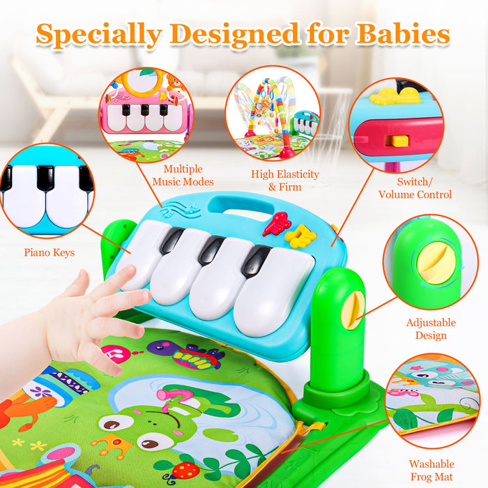 AOKESI Musical Baby Gyms Play Mats, Funny Play Piano Tummy Time Baby Activity Gym Mat with 5 Infant Learning Sensory Baby Toys, Music and Lights, Baby Play Mat for Infant 0 to 12 Months+, Green - new