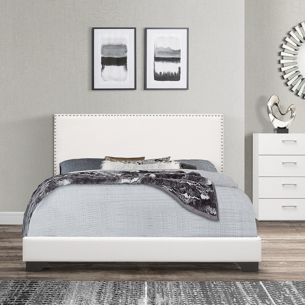 Gayle Nailhead Trim Faux Leather Upholstered Bed, by Hillsdale - White - Queen - display_model