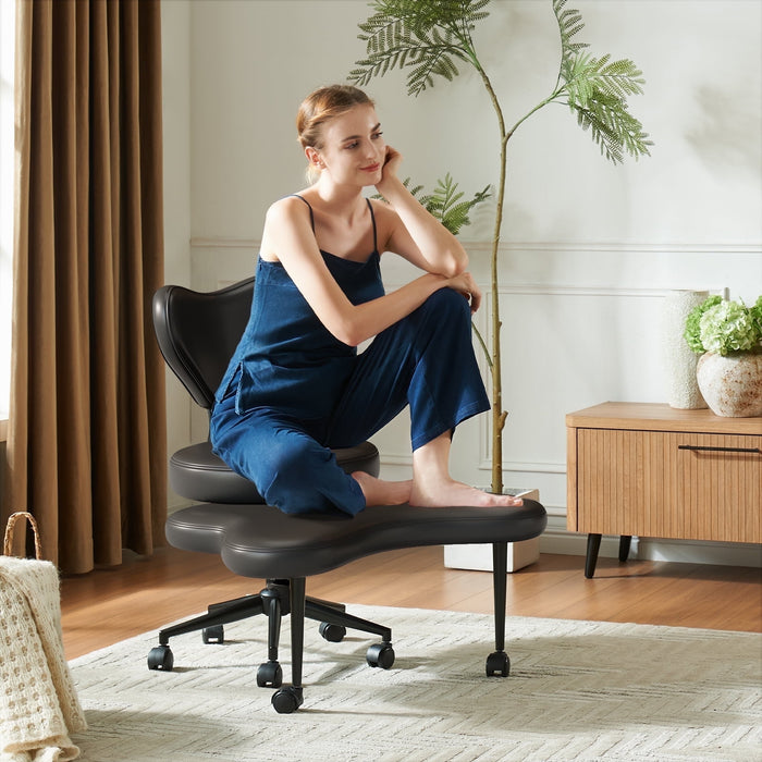 Pinmoco Ergonomic Cross Legged Swivel Chair, Adjustable Height and PU Leather, Meditation& ADHD Chair with Back Support, Home and Office, Black - new