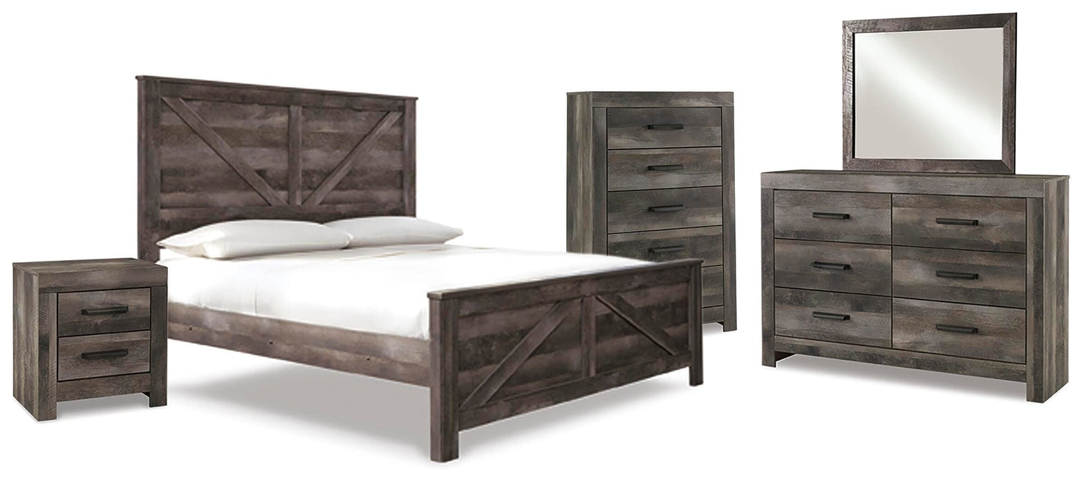 Wynnlow Gray Wynnlow King Crossbuck Panel Bed with Mirrored Dresser, Chest and Nightstand