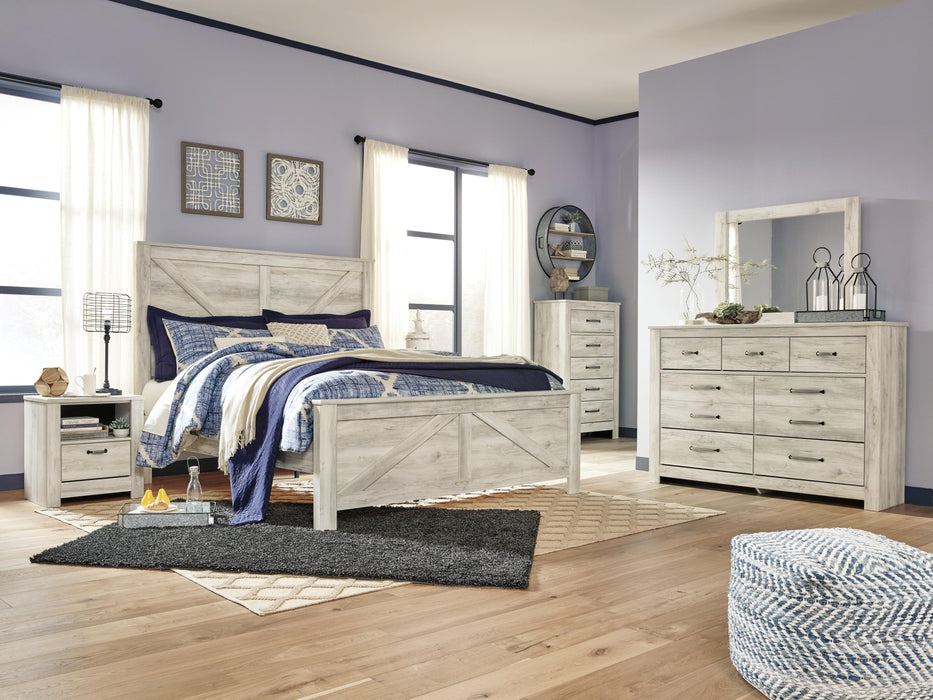 Bellaby Whitewash Bellaby King Crossbuck Panel Bed with Mirrored Dresser, Chest and Nightstand
