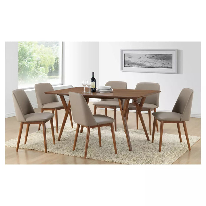 (Set Of 2) Lavin Mid-Century Faux Leather Dining Chairs - Brown Walnut/Beige - Baxton Studio: Upholstered, Wood Legs, Armless - new
