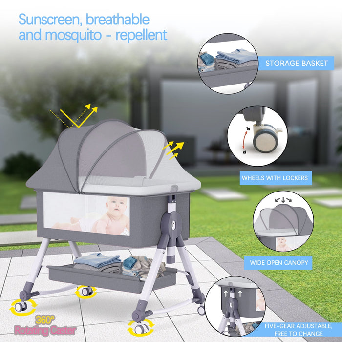 XunKA 4 in 1 Infant Baby Bassinet with Mosquito Net and Storage Rack,Adjustable Height,Gray. - new