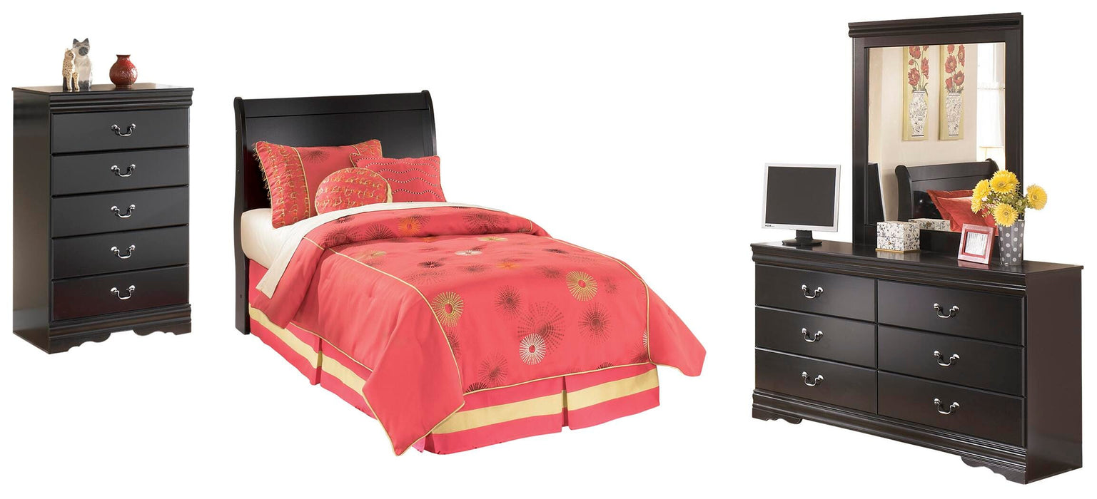 Huey Vineyard Black Huey Vineyard Twin Sleigh Headboard Bed with Mirrored Dresser and Chest