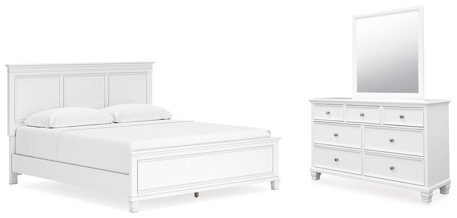 Fortman White Fortman King Panel Bed with Mirrored Dresser