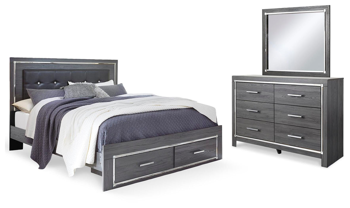 Lodanna Gray Lodanna King Panel Bed with 2 Storage Drawers with Mirrored Dresser