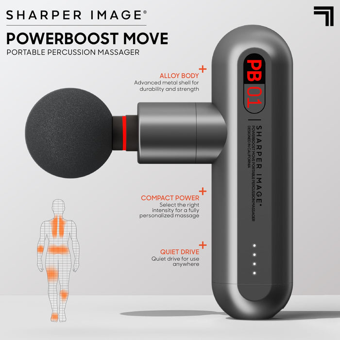 Sharper Image Powerboost Move - Portable Percussion Massage Gun with 4 Attachments, 4 Speeds| Lightweight Full Body Back & Shoulder Massager| Deep Tissue Muscle Recovery, Pain Relief & Soren