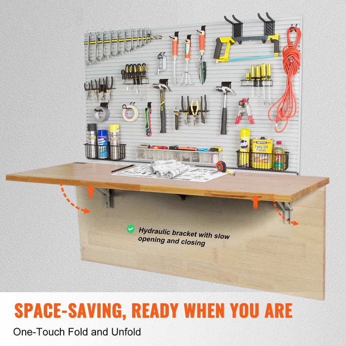 KFFKFF Wall-Attachable Collapsible Table, Dimensions 47.24" x 19.69", Wall-Hanging Drop Leaf Design, Wood Crafted Desk with Metal Support, Foldable Workstation for Compact Areas - open_box