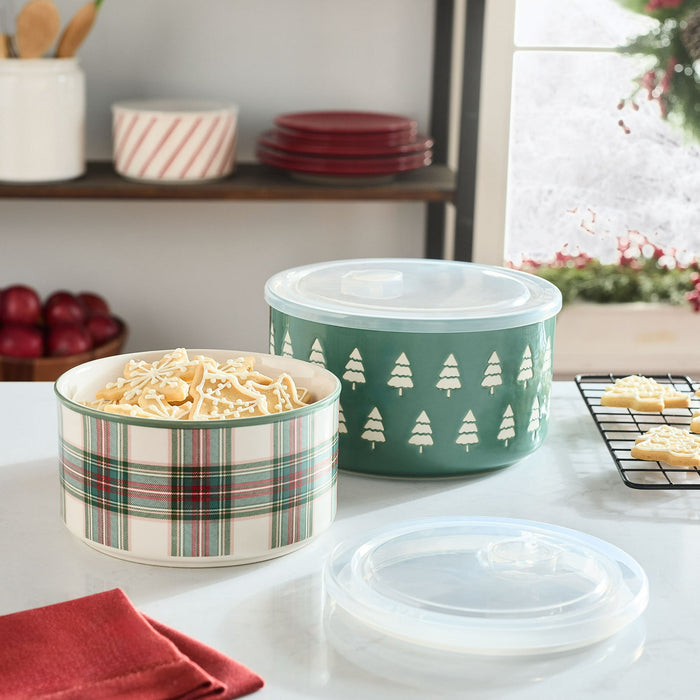 Holiday Time 4-Piece Trees & Plaid Glazed Stoneware Bake & Store Containers Set, Multicolor - new