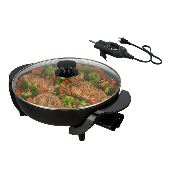 Mainstays 12" Round Ceramic Skillet, Black,Nonstick, 1200W, Removable Temp Control, Dishwasher Safe - new