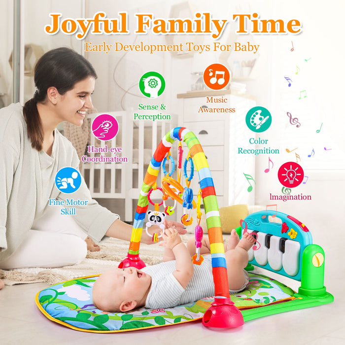 AOKESI Musical Baby Gyms Play Mats, Funny Play Piano Tummy Time Baby Activity Gym Mat with 5 Infant Learning Sensory Baby Toys, Music and Lights, Baby Play Mat for Infant 0 to 12 Months+, Green - new