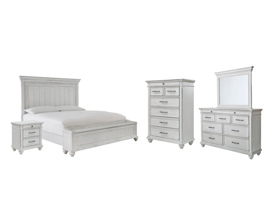 Kanwyn Whitewash Kanwyn Queen Panel Bed with Storage with Mirrored Dresser, Chest and Nightstand