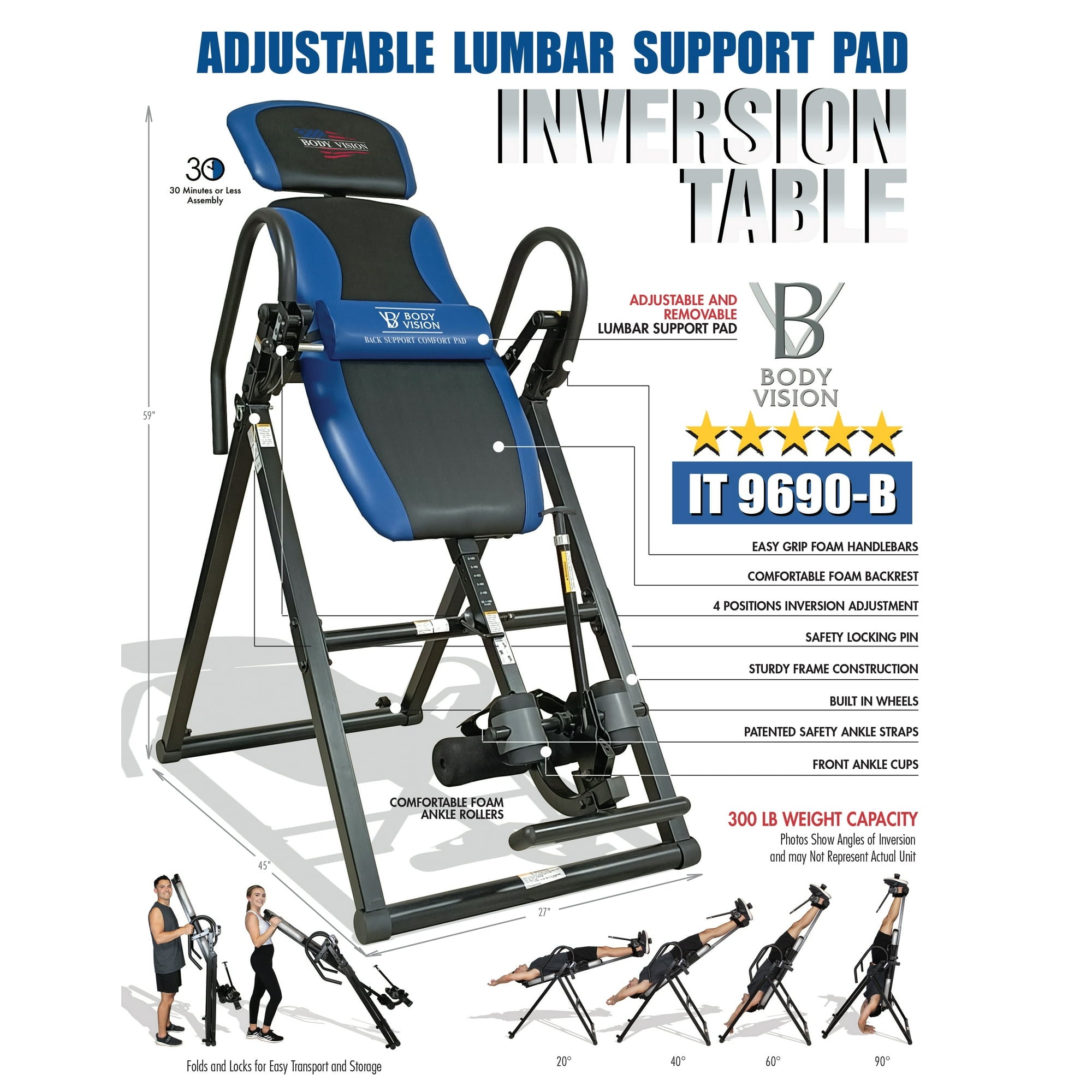 Body Vision IT 9690B Deluxe Heavy Duty Therapeutic Inversion Table 300lb Weight Capacity, Blue - open_box