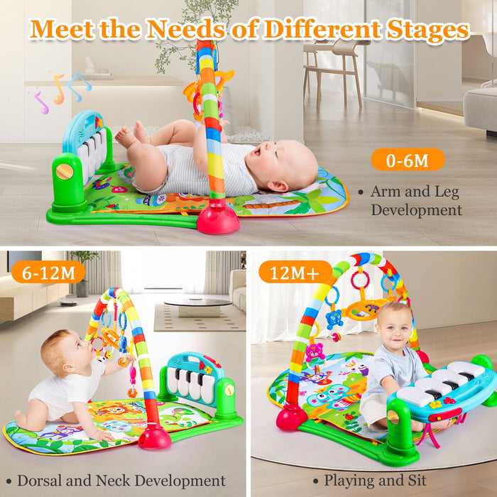 AOKESI Musical Baby Gyms Play Mats, Funny Play Piano Tummy Time Baby Activity Gym Mat with 5 Infant Learning Sensory Baby Toys, Music and Lights, Baby Play Mat for Infant 0 to 12 Months+, Green - new