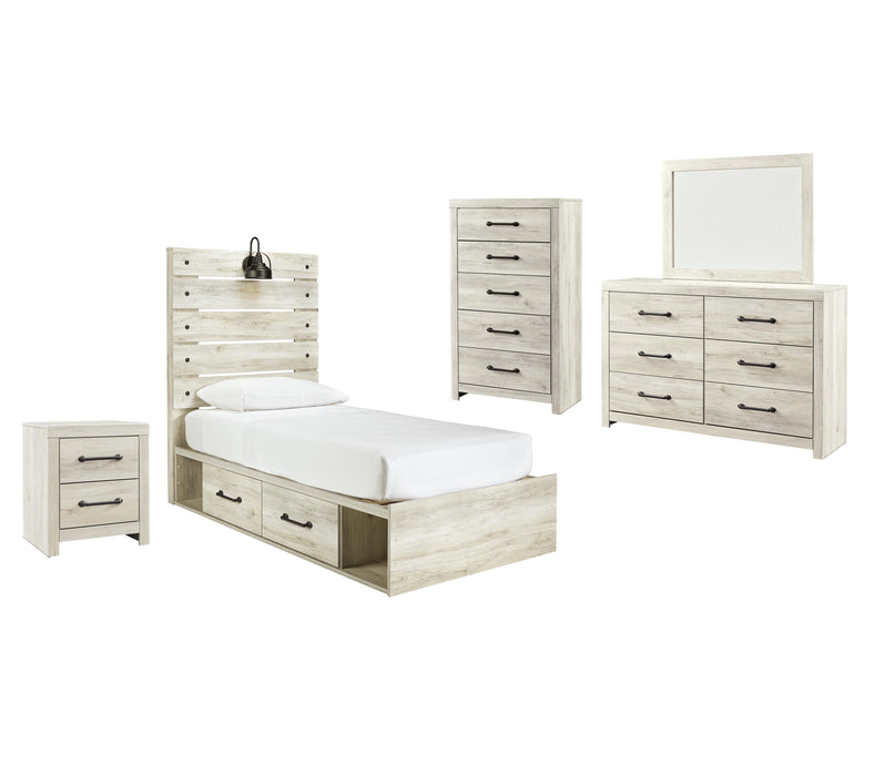 Cambeck Whitewash Cambeck Twin Panel Bed with 4 Storage Drawers with Mirrored Dresser, Chest and Nightstand
