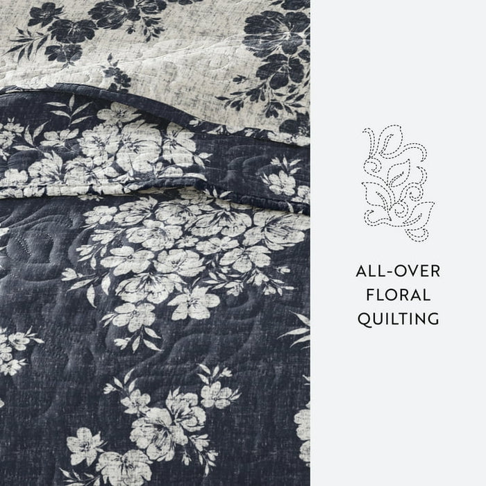 Noble Linens 3-Piece Navy Distressed Bouquet Reversible Quilt Set, Queen - open_box