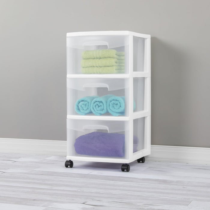 Sterilite 3 Drawer Cart, Clear Plastic Storage Drawers, Wheels Included, White - new