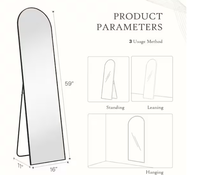 FIRNEWST 16 in. W x 59 in. H Aluminum Alloy Frame Black Arched Floor Mirror with Floor Stand and Wall Mounted Hooks - new