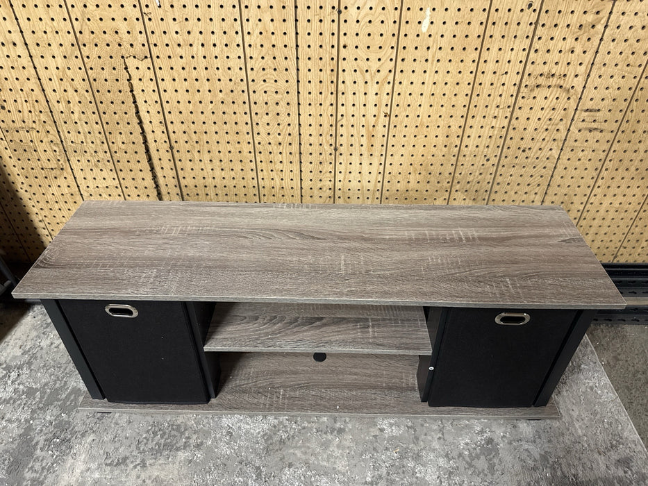 Furinno 13054 Econ Entertainment Center w/Storage Bins, French Oak Grey/Black/Black - open_box