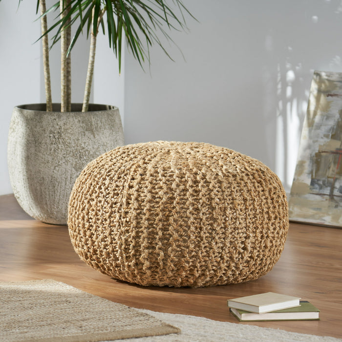 Noble House Solid Print Off-White Jute Round Pouf - new