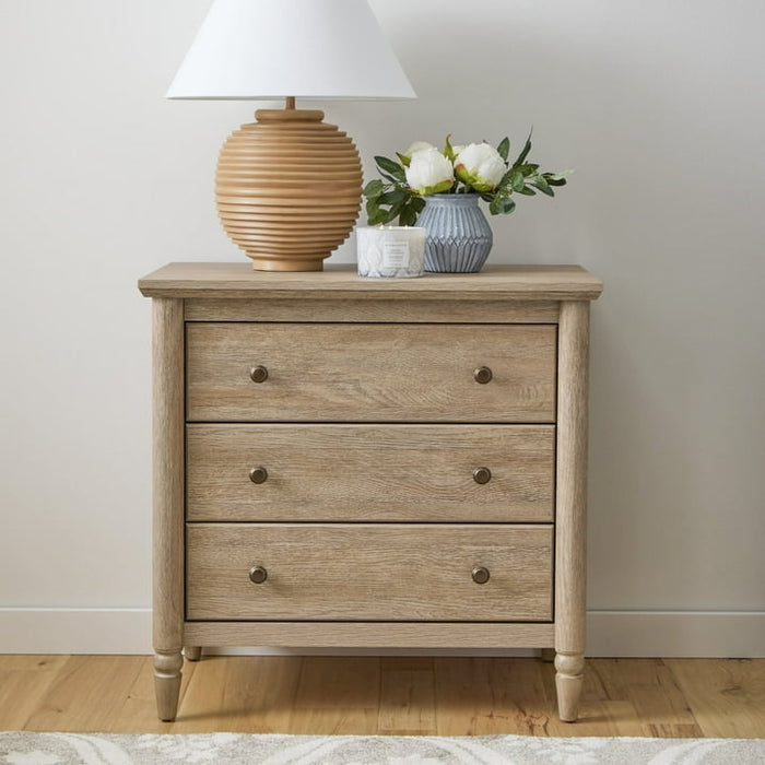 My Texas House Monroe 3 Drawer Nightstand with USB, Brushed Oak Finish - Side Is Cracked but Sturdy - new