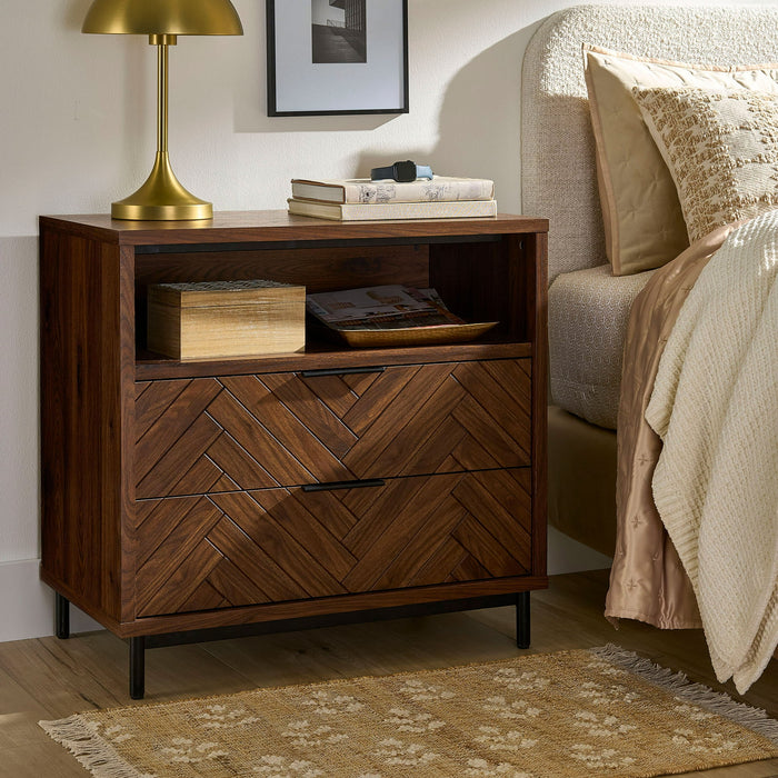 Better Homes & Gardens Wyatt Geo 2-Drawer Nightstand with USB, Walnut Finish - new