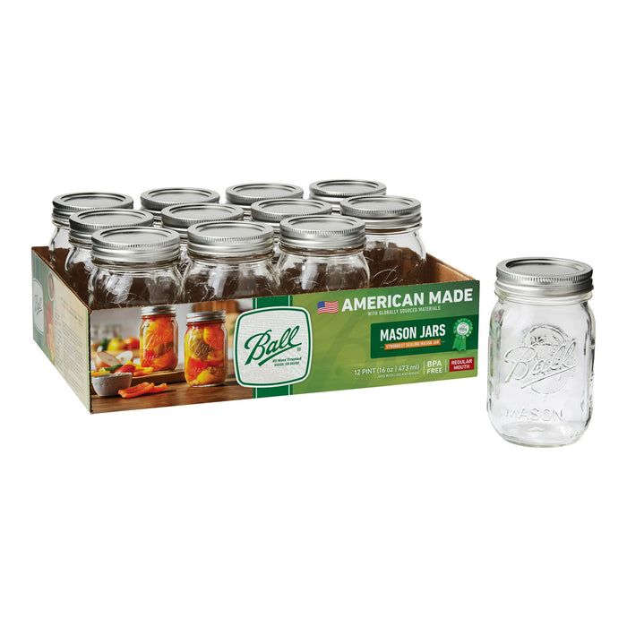 Ball 16 oz Mason Jars Regular Mouth 12pk, Pint Canning Jars with Lids and Rings, Bulk Ball Jars for Canning Jam, Jelly, Tomato Sauce, and Preserves - new